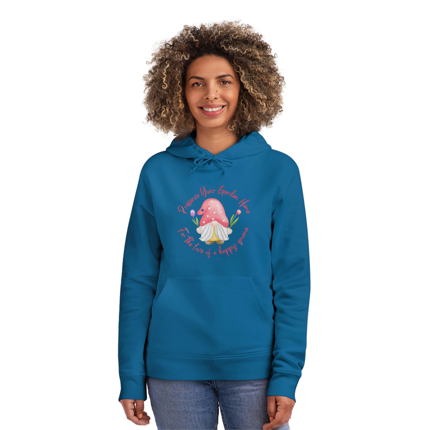 ‘Preserve your garden home, for the love of a happy gnome’ Eco-Friendly. Printed Front & Back. Unisex Drummer Hoodie