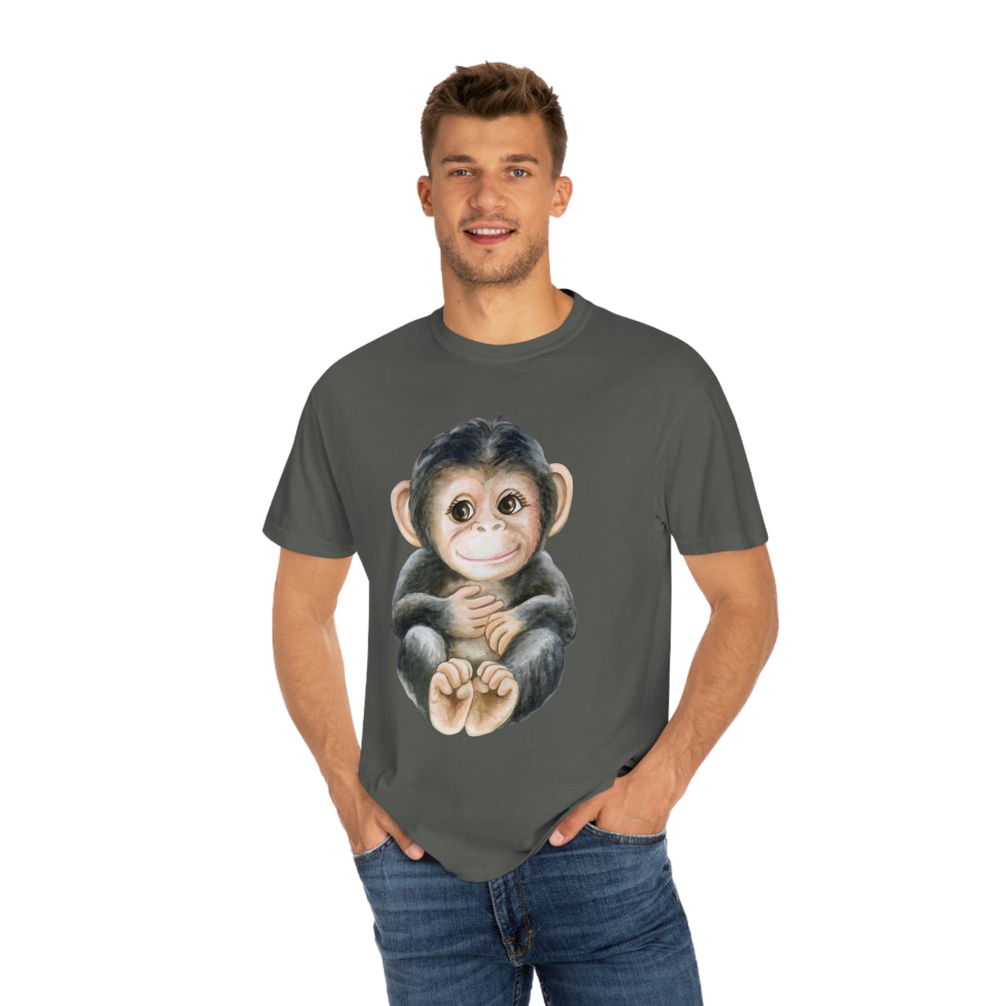 ‘Baby monkey’ Printed Front & Back.  Unisex Garment-Dyed T-shirt