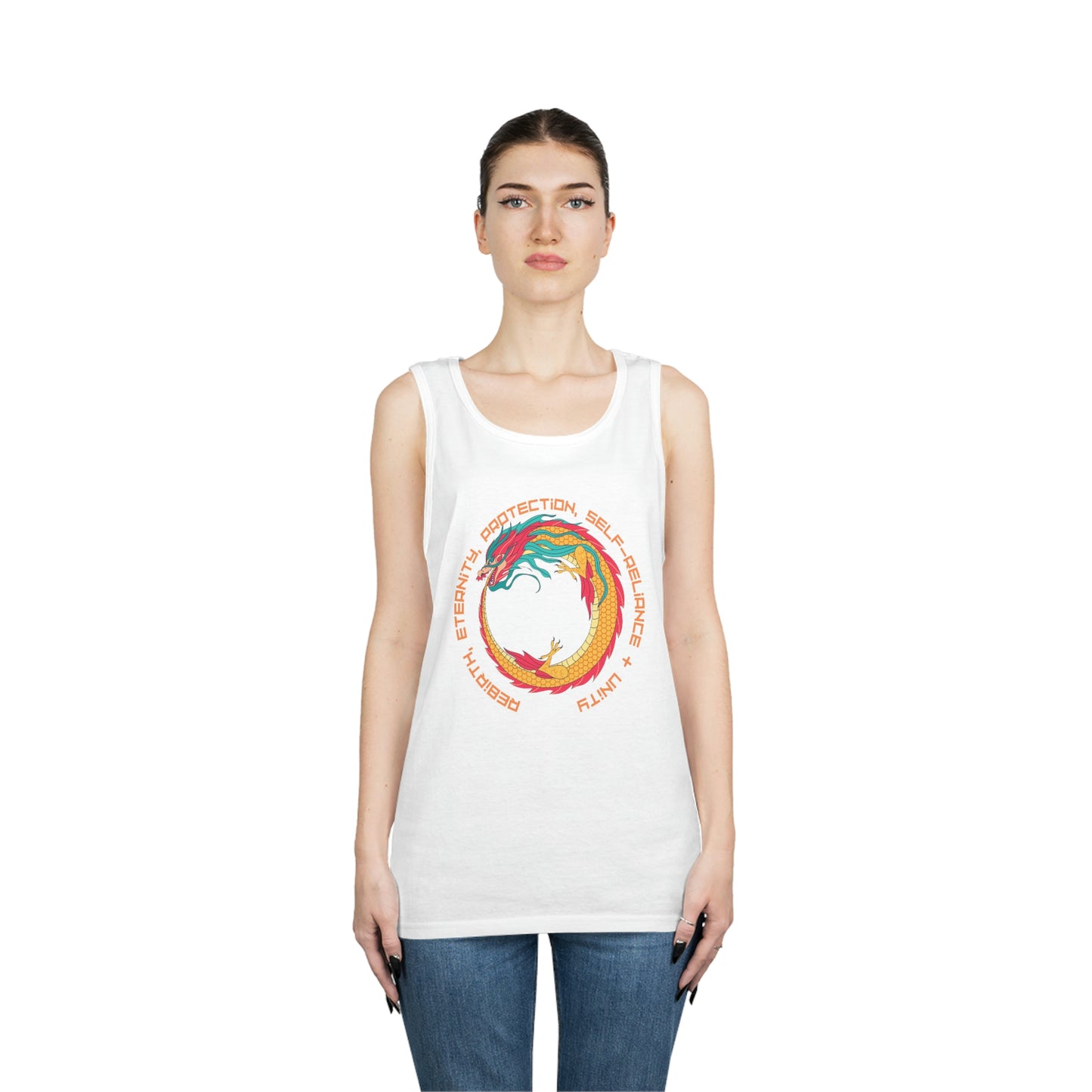 ‘The Ouroboros’ symbol of rebirth, eternity, protection, self-reliance & unity. Printed Front, Back. Unisex Heavy Cotton Tank Top